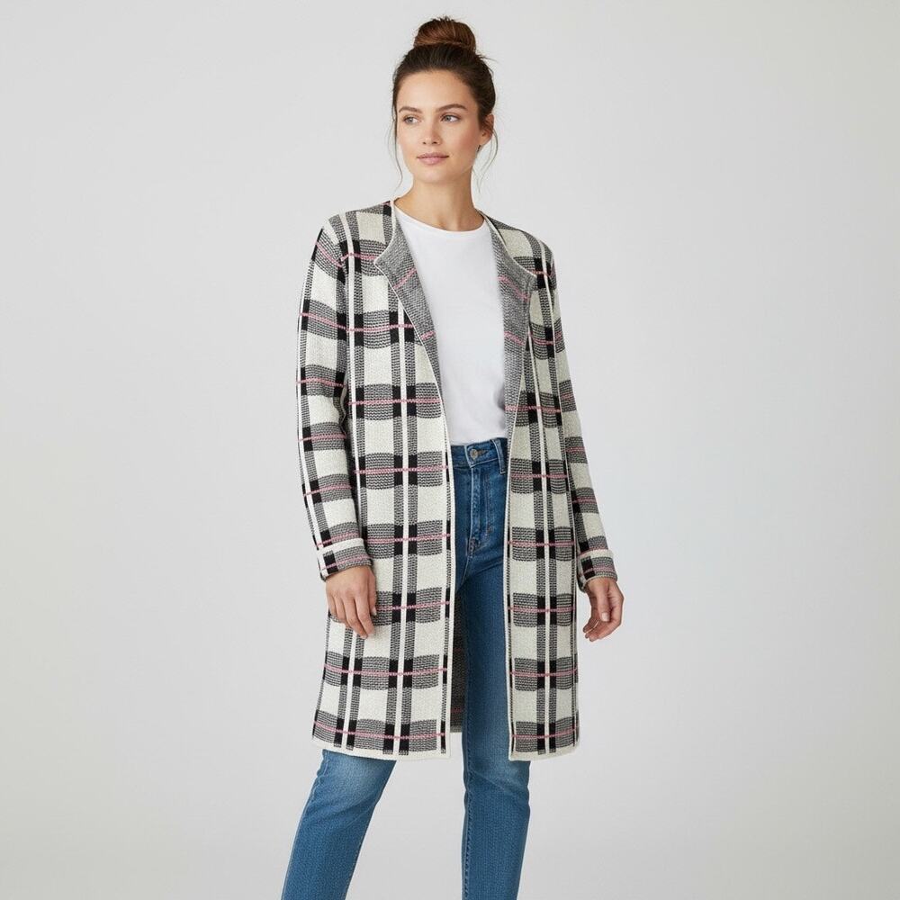 JJ Perfection Women's Plaid Open Front Cardigan Sweater Size Large Gray Pink